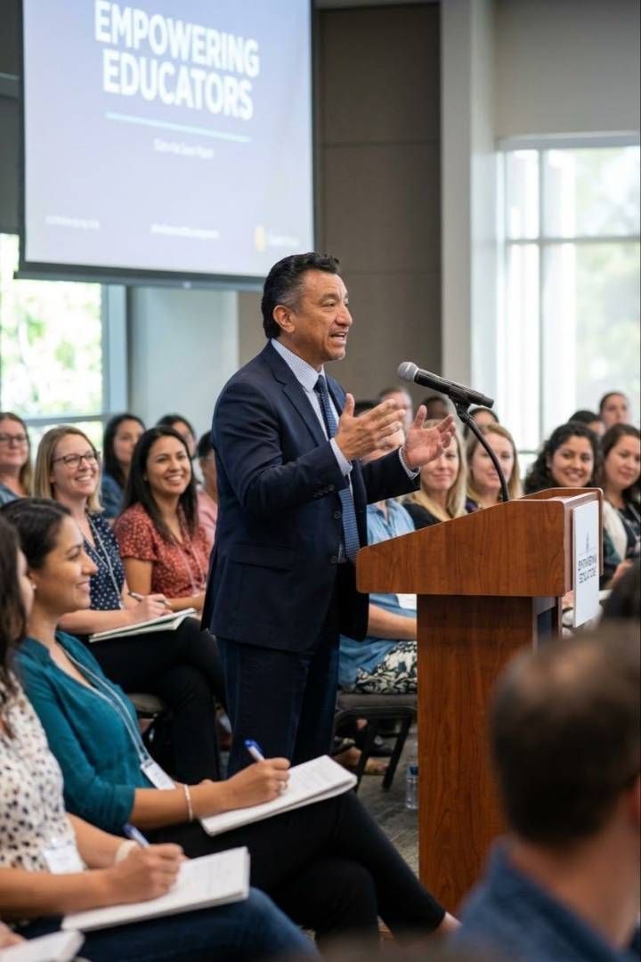 Alfred speaking at a podium to a room of educators
