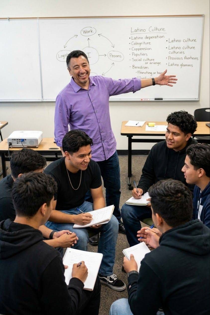 Alfred leading a circle of young men writing in notebooks